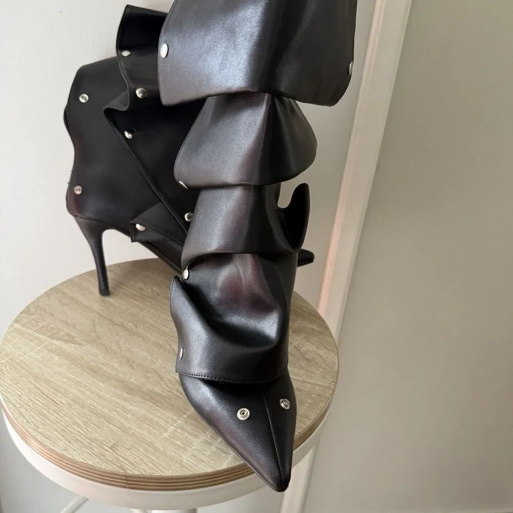 Eusibb Slouch Pointed Toe Knee High Boots Stiletto 8.5 Heel Pull On Convertible